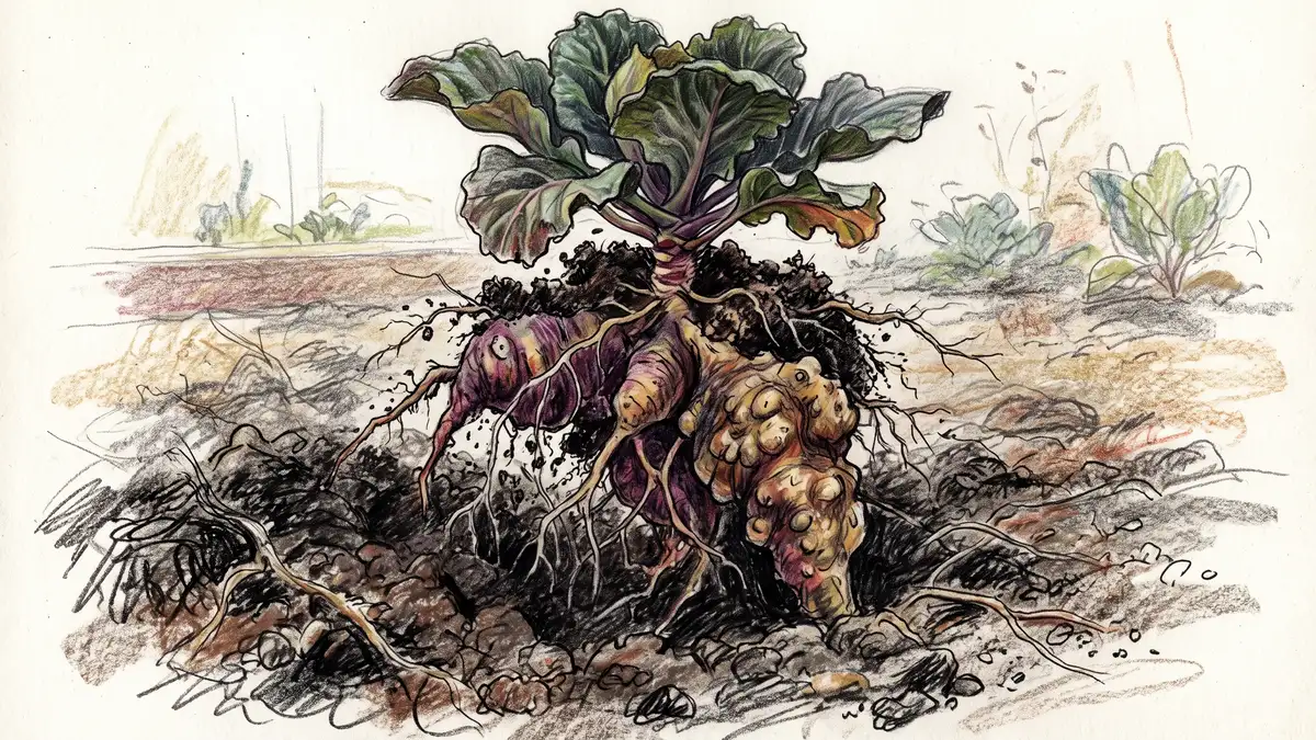 Cabbage root system swollen with knobbly club-shaped galls caused by clubroot disease, lifted from dark garden soil