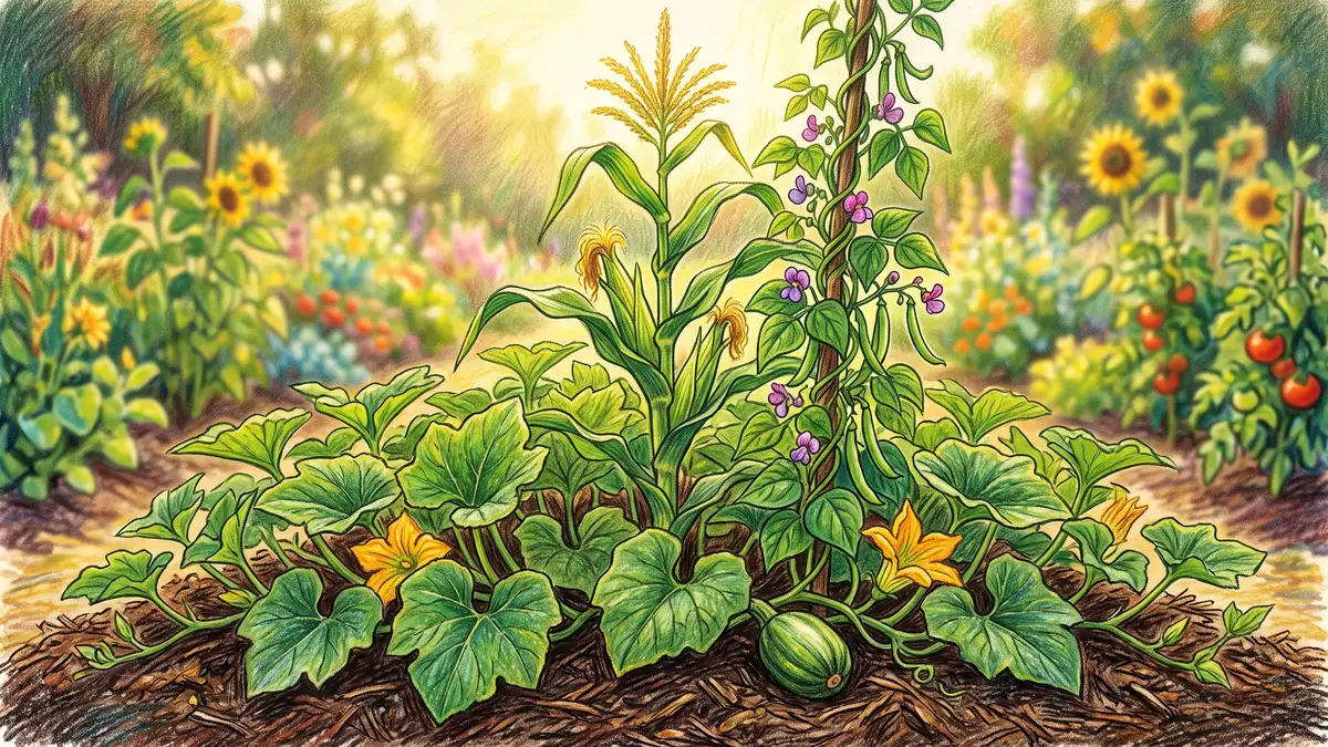 Three Sisters planting mound with corn stalk, pole bean vine climbing it, and squash leaves shading the soil below