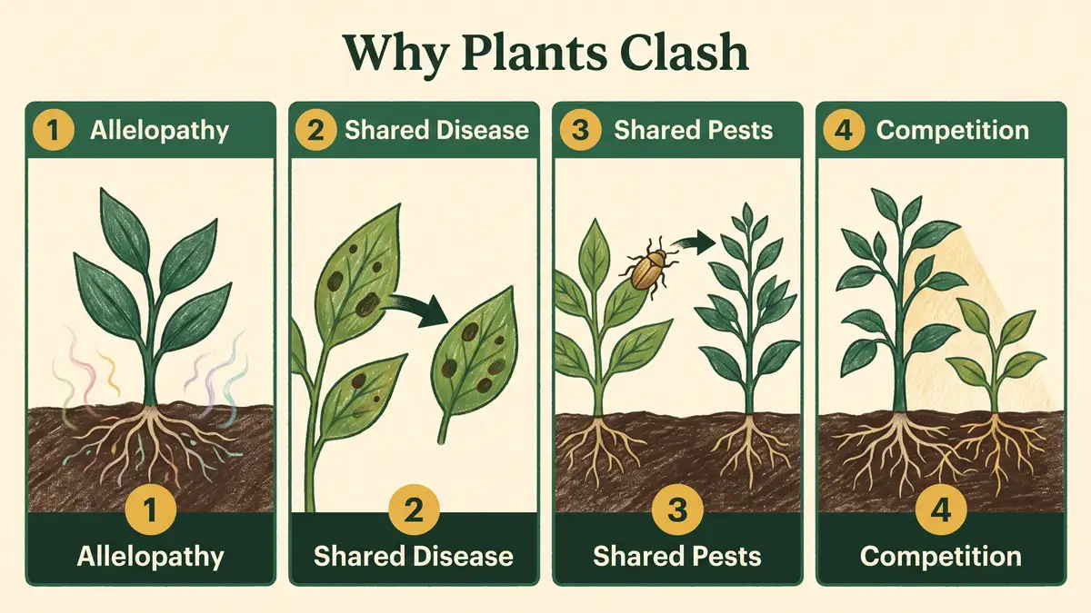 Infographic showing the four causes of plant incompatibility in vegetable gardens: allelopathy, shared disease, shared pests, and resource competition