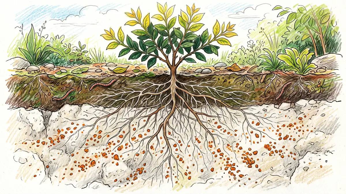 Cross-section of pale limestone-rich alkaline garden soil showing rust-orange iron particles locked out of reach of fine white root hairs