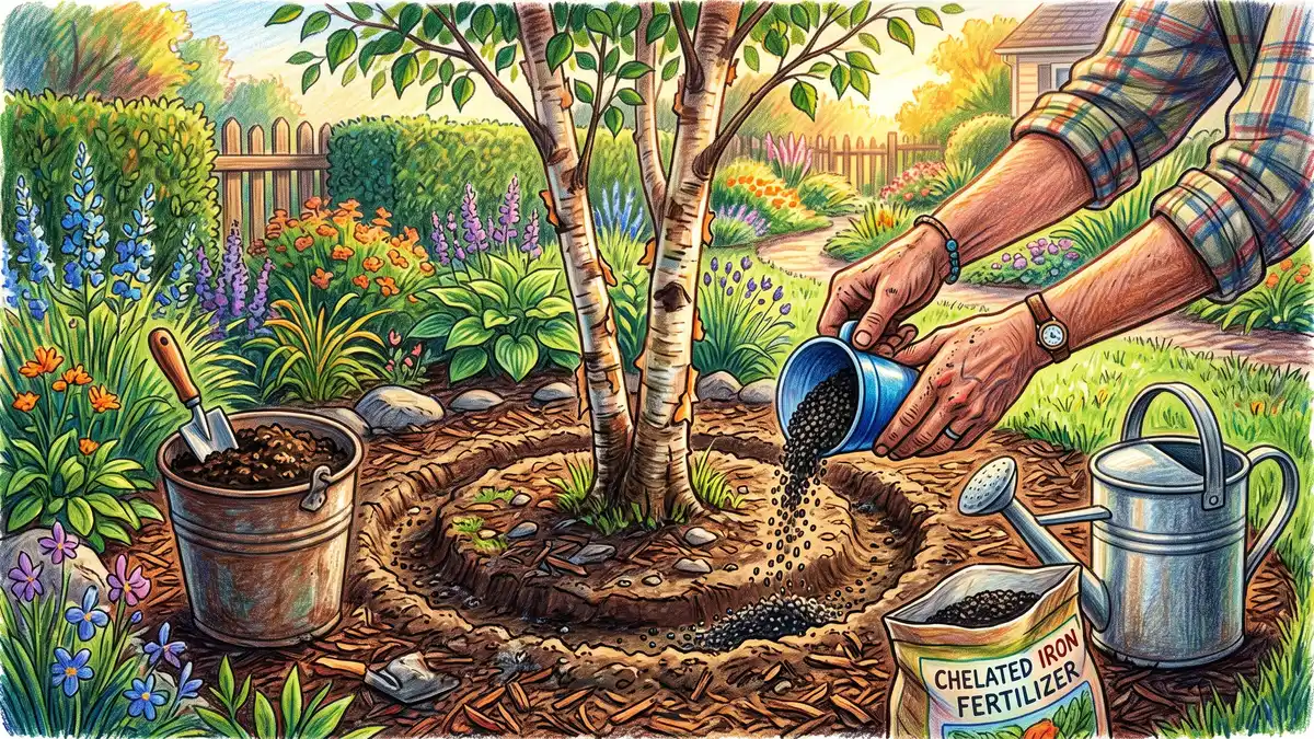 Gardener applying granular chelated iron into a shallow ring trench around the base of a young river birch tree with compost nearby