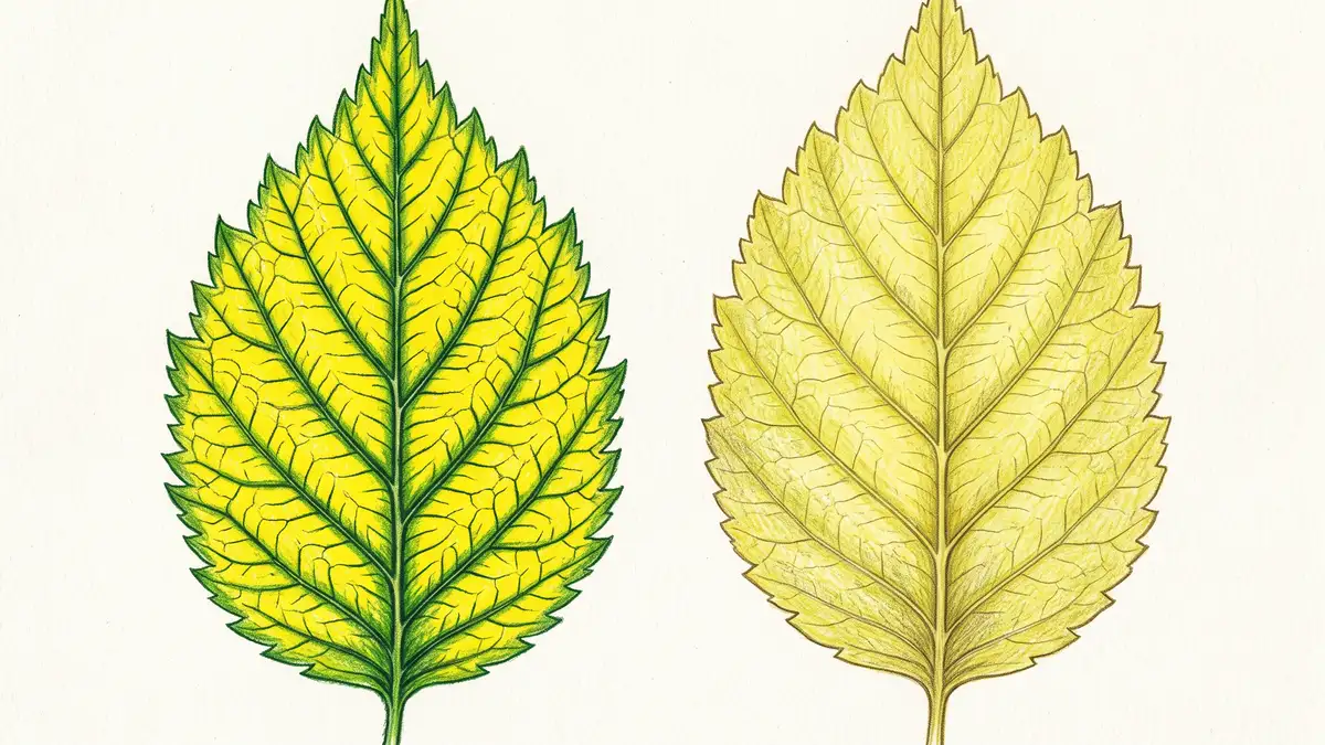 Two leaves compared side by side, one with yellow tissue between green veins showing iron deficiency and one uniformly pale showing nitrogen deficiency