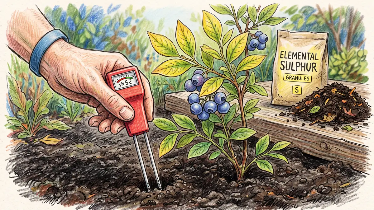 Hand pushing a soil pH probe into dark soil beside a blueberry bush, with a bag of elemental sulphur and finished compost nearby
