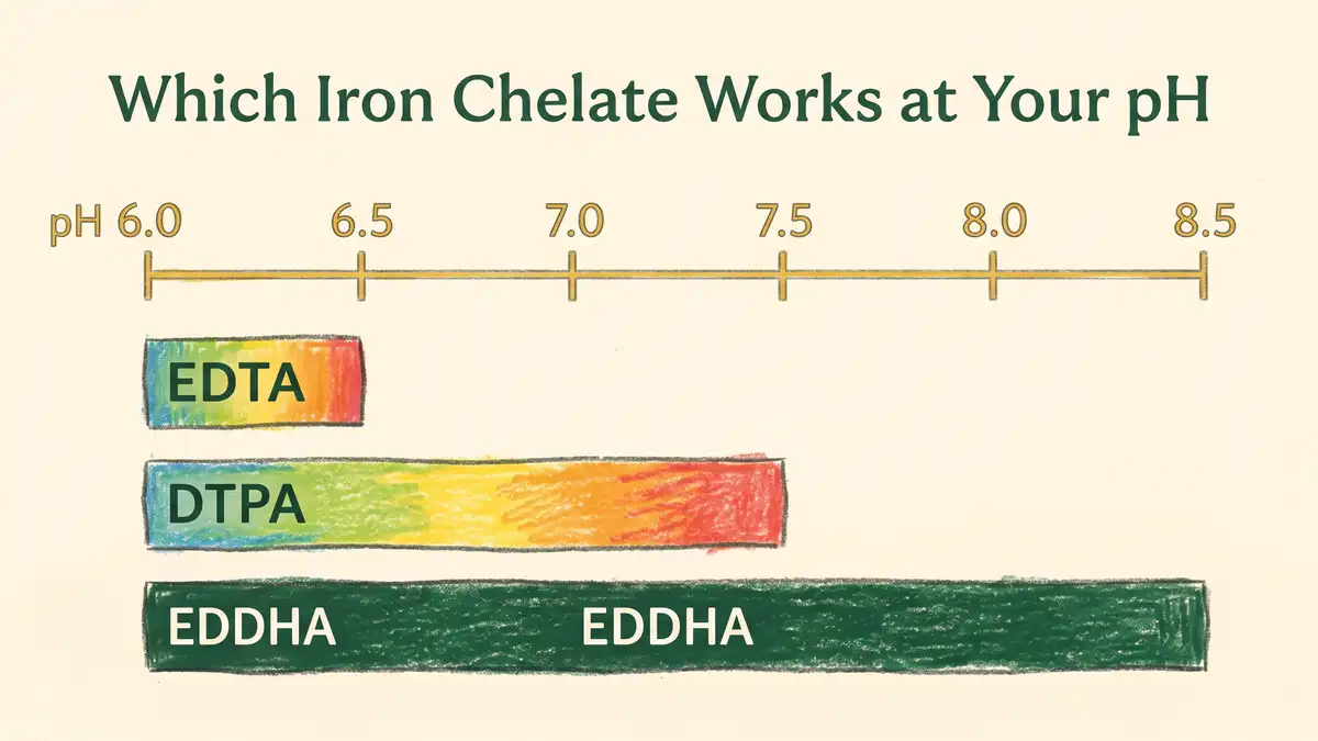 Infographic comparing the effective soil pH range of EDTA, DTPA and EDDHA iron chelates on a scale from pH 6.0 to 8.5