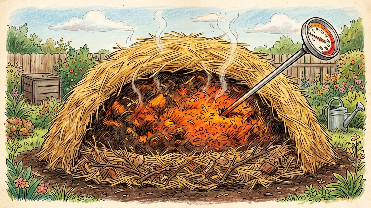 Cutaway cross-section of a humanure compost pile showing coarse base, hot active core and thick golden straw biofilter cap with a thermometer probe