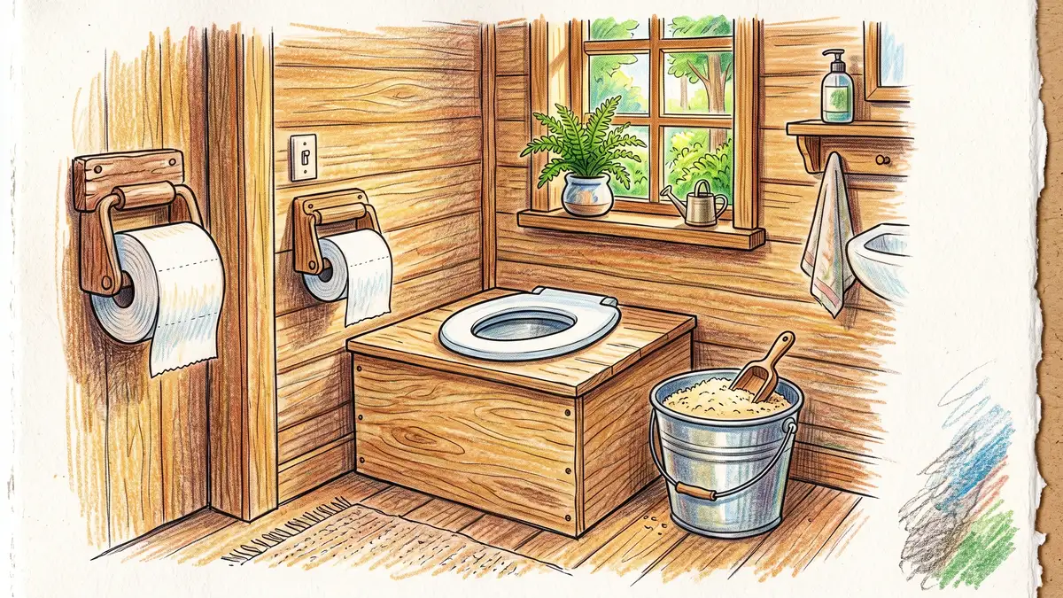 Simple wooden sawdust bucket toilet in a clean cabin bathroom with a galvanised pail of sawdust and scoop beside it