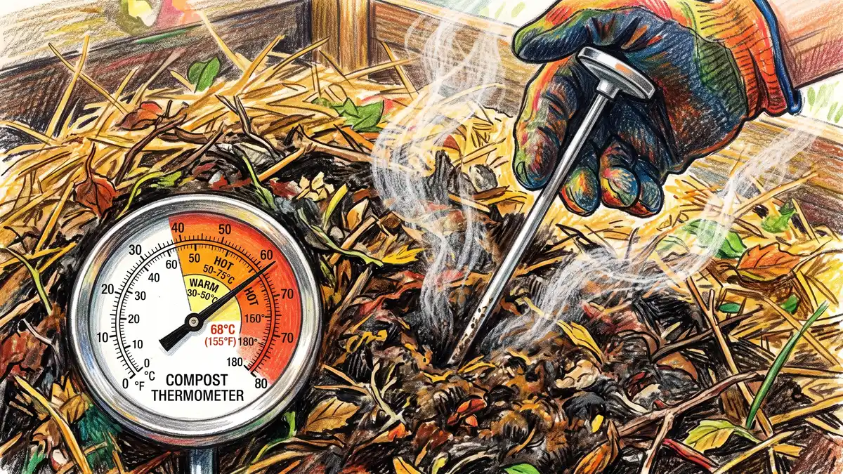 Hand pushing a long dial compost thermometer deep into a dark steaming compost pile covered with golden straw