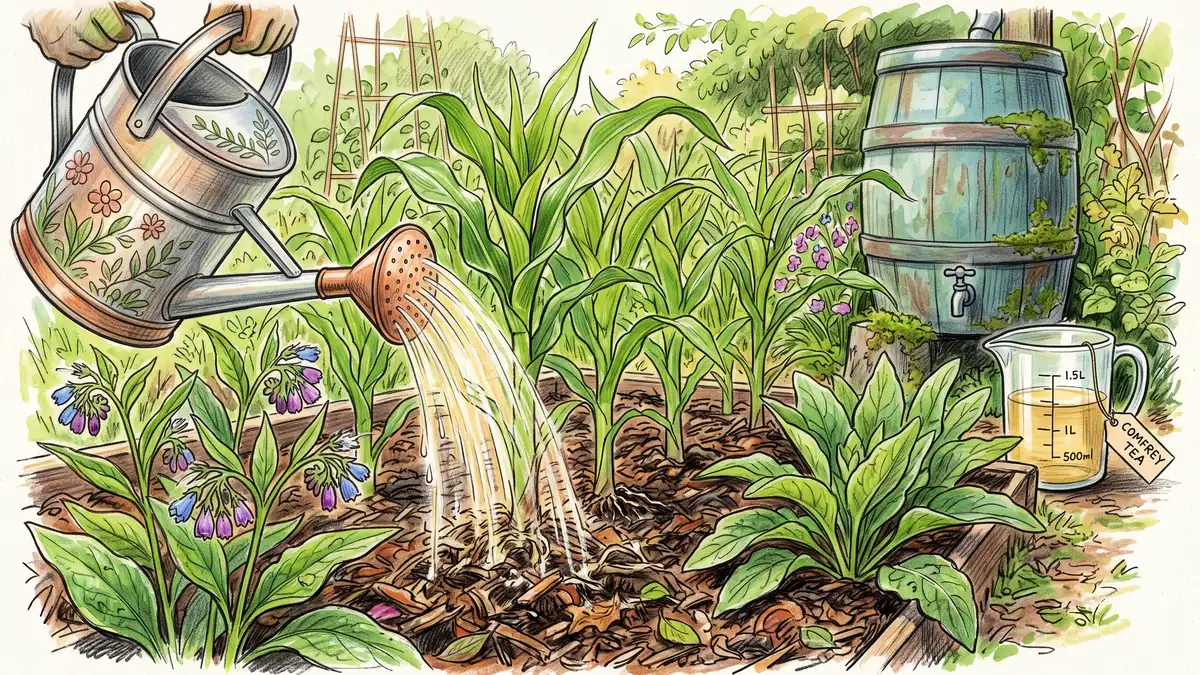 Watering can pouring diluted urine fertiliser at the base of leafy corn plants and comfrey in a mulched garden bed