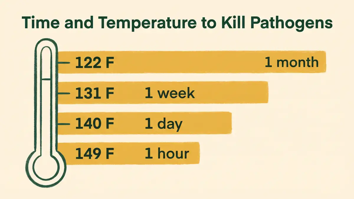 Infographic showing the time and temperature combinations required to inactivate pathogens in humanure compost, from one month at 122 F to one hour at 149 F
