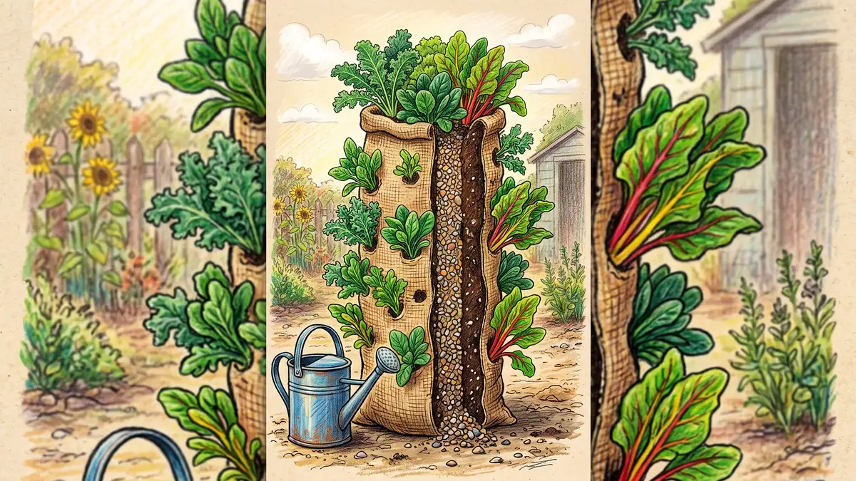 Tall vertical sack garden with a central gravel drainage column and kale, spinach and chard growing from holes cut in the sides