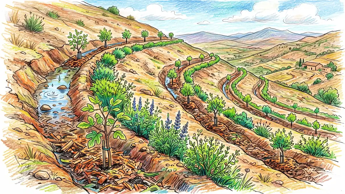 Dry hillside terraced with curving mulch-filled swales on contour, young fruit trees and nitrogen-fixing shrubs greening the berms