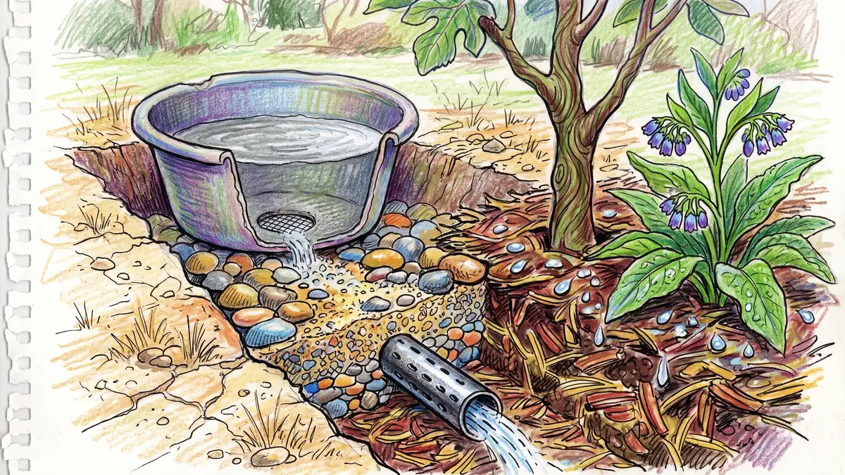 Greywater draining through a gravel and sand filter into a mulched trench where a young fig tree and comfrey are growing
