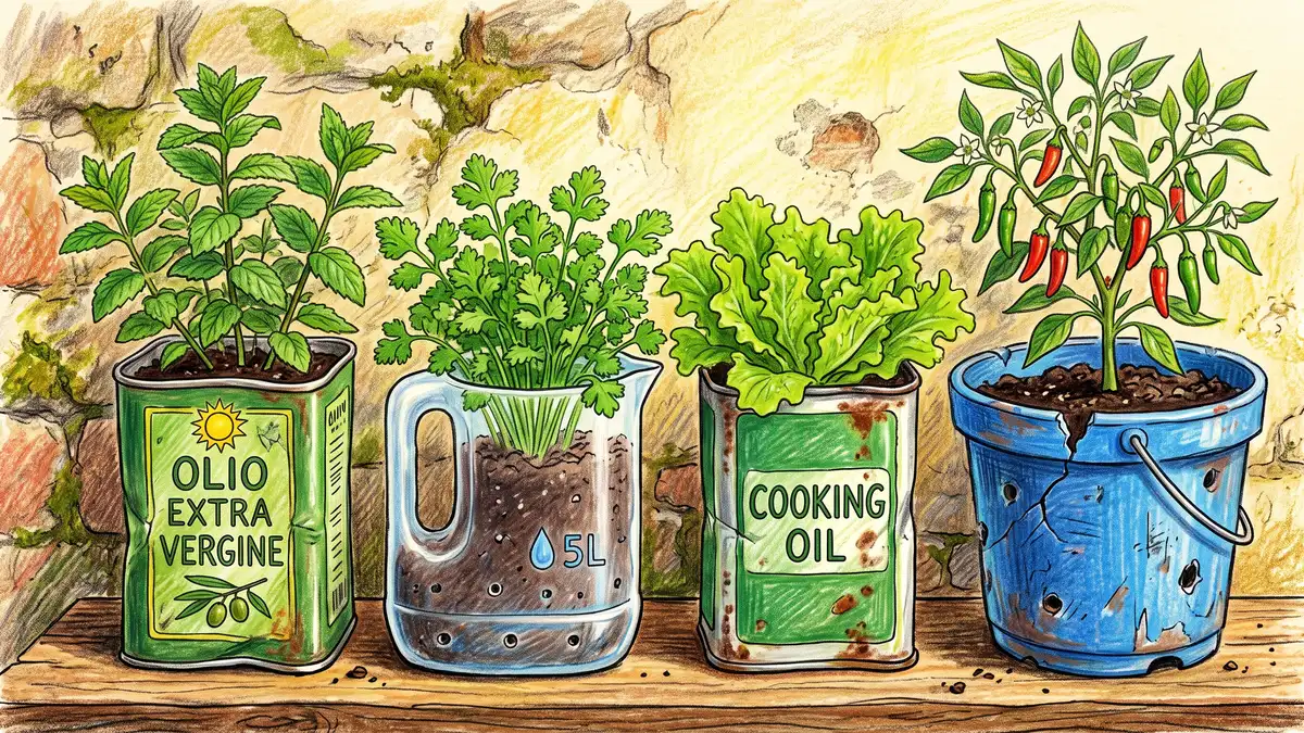 Herbs and salad greens growing in repurposed oil tins, cut plastic jugs and a cracked bucket along a sunny wall