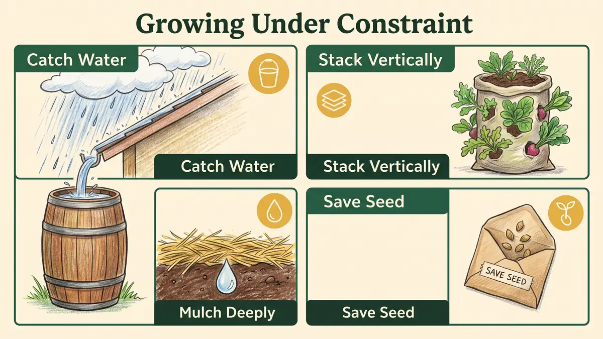Infographic showing four strategies for growing food under constraint: catch water, stack vertically, mulch deeply and save seed