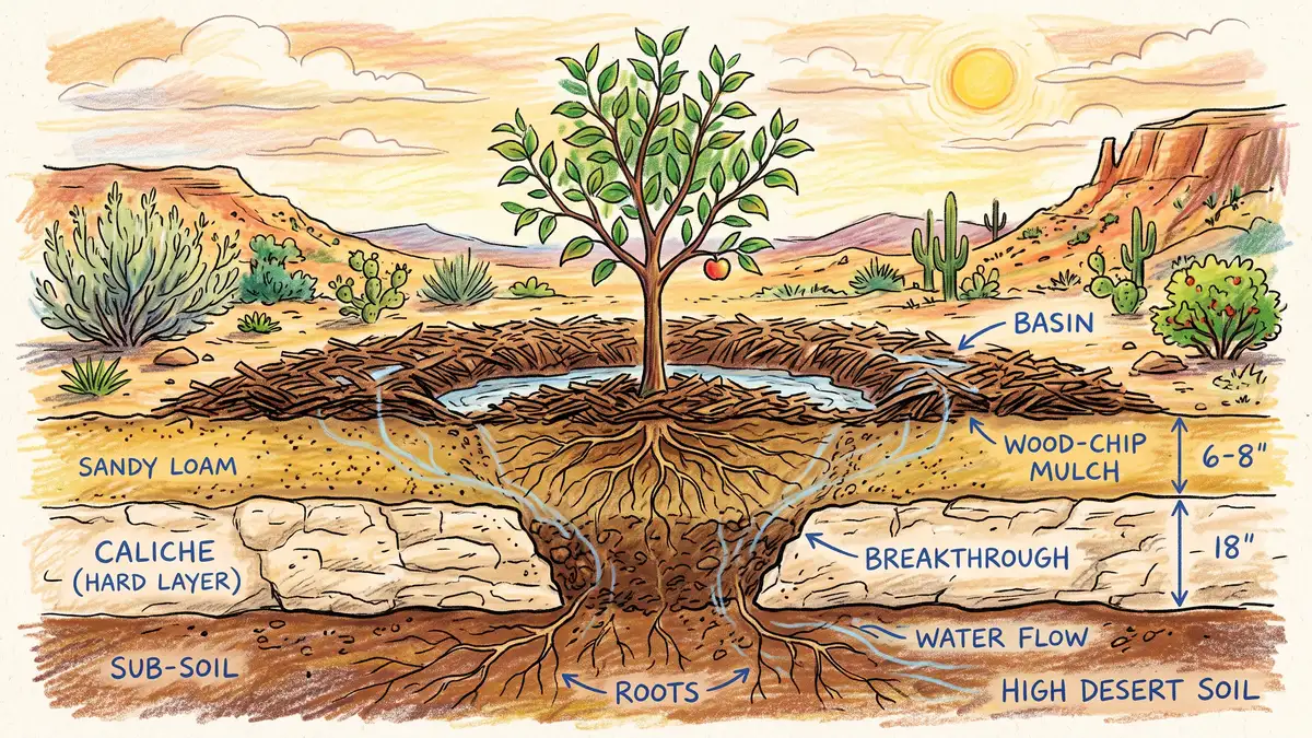 Cross-section of high desert soil showing a fruit tree planted through a hard pale caliche layer into looser subsoil beneath a mulched basin