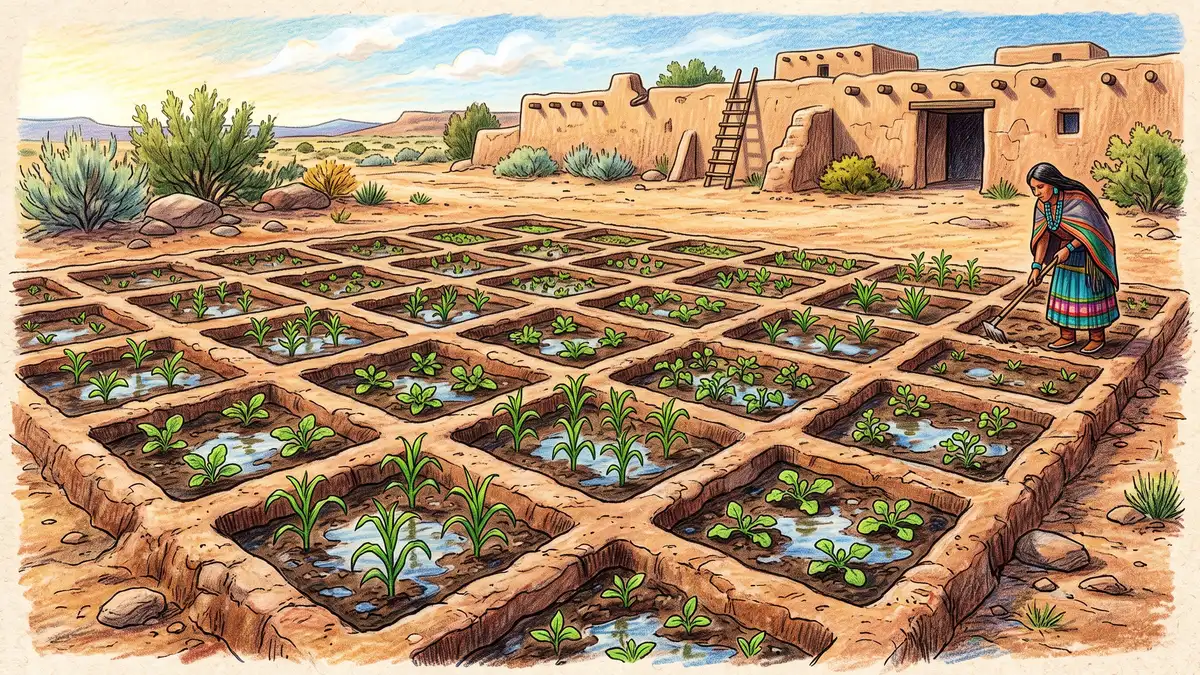 Traditional Zuni-style waffle garden with a grid of small sunken square planting beds separated by low earthen walls holding water