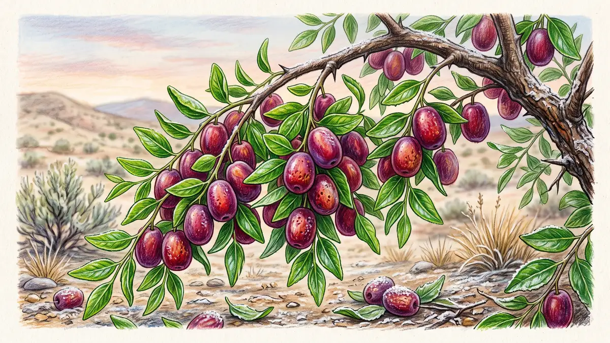 Branch heavy with ripe purple-red jujube fruit against a pale dry high desert background with frost on the ground