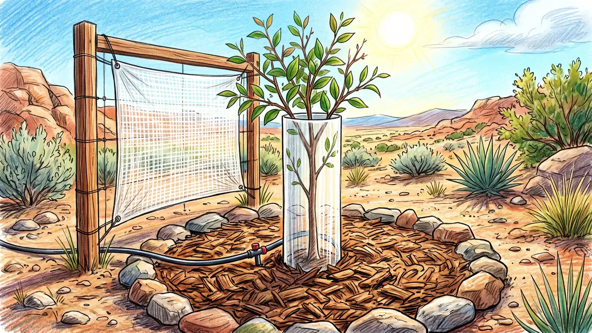 Newly planted young fruit tree with a shade cloth screen, tree tube and drip line in a wide mulched watering basin ringed with stones