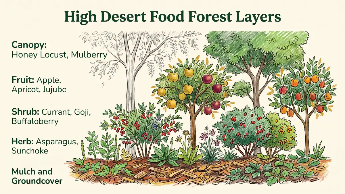 Infographic showing five layers of a high desert food forest from canopy honey locust down to mulch and groundcover