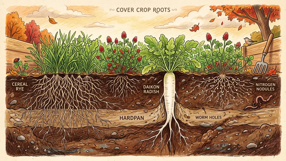 Cross-section of a fall cover crop bed showing deep fibrous cereal rye roots, a daikon radish taproot through compaction, and clover roots with nitrogen nodules