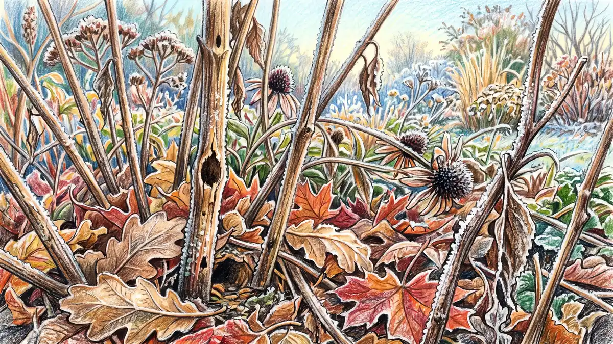 Autumn garden border left standing for wildlife with hollow bee balm stems, coneflower seed heads and a thick layer of frosted fallen leaves