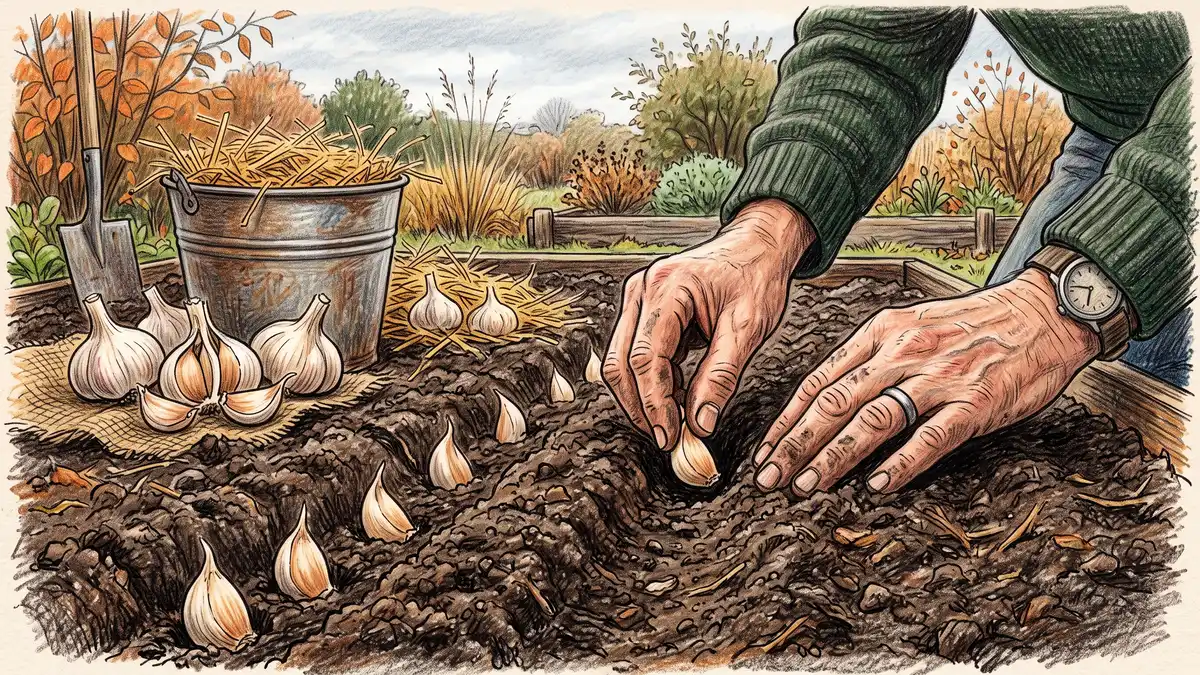 Hands pressing garlic cloves pointed end up into a prepared autumn garden bed with straw mulch waiting alongside