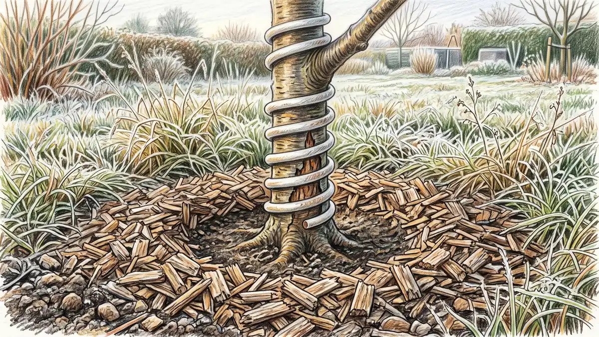 Base of a young fruit tree with a white spiral trunk guard and wood-chip mulch pulled clear of the trunk flare for winter