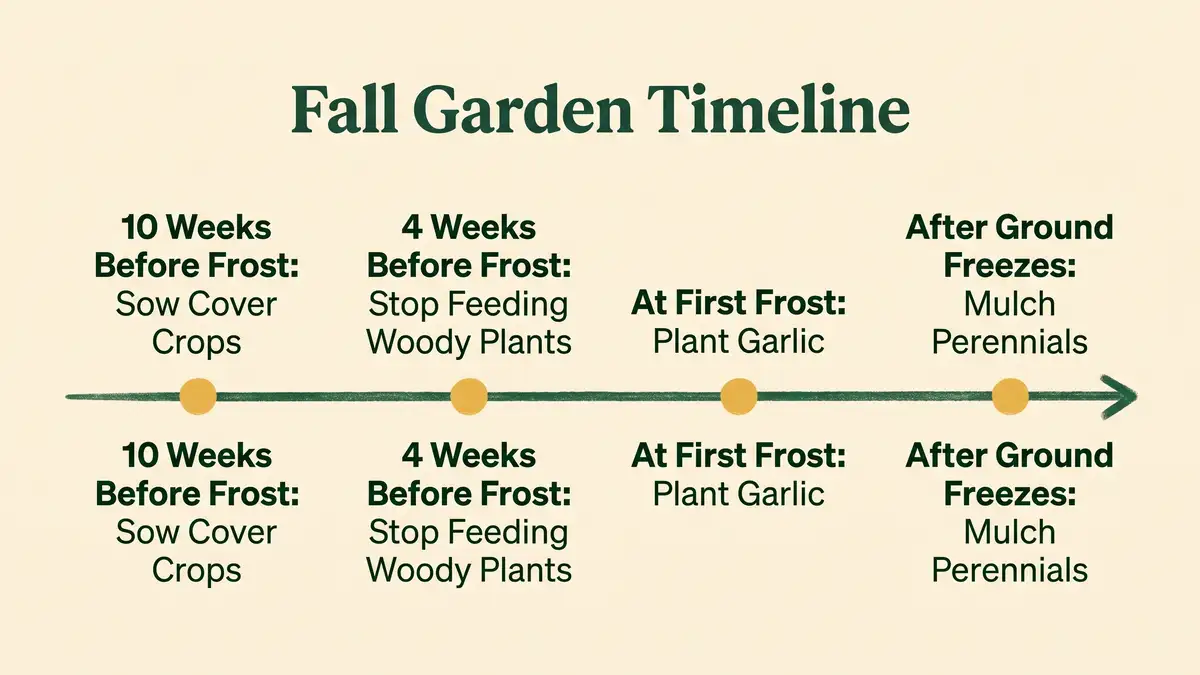 Infographic showing a fall garden timeline from sowing cover crops ten weeks before frost through mulching perennials after the ground freezes