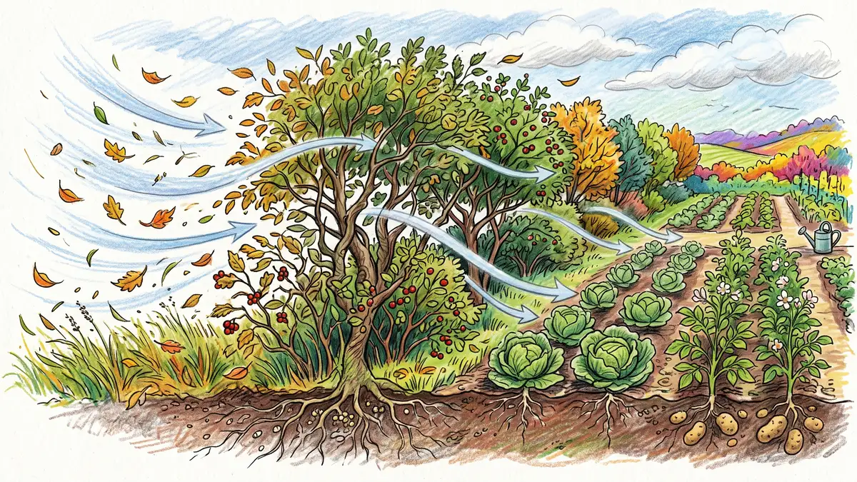 Cross-section illustration of a permeable mixed shelterbelt of alder and hawthorn protecting rows of cabbages and potatoes from wind