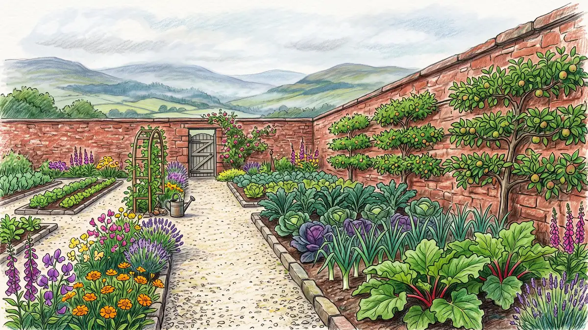 Illustration of a traditional Scottish walled kitchen garden with red sandstone walls, espaliered apple trees and beds of brassicas and leeks