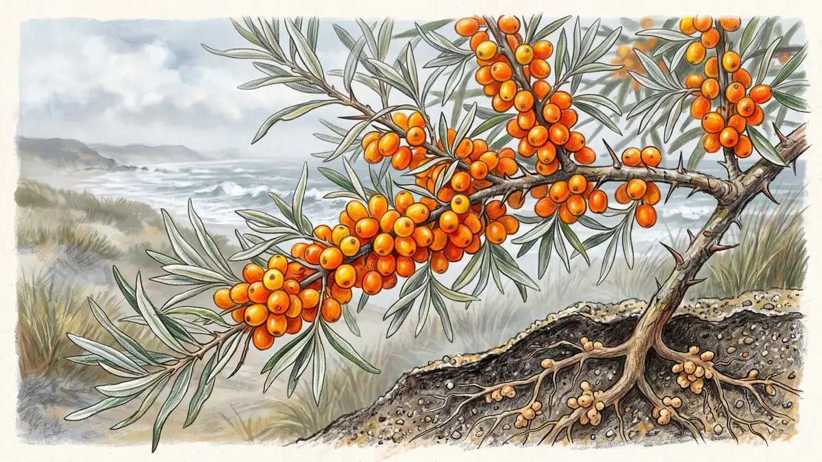 Close-up illustration of a sea buckthorn branch loaded with orange berries and silvery leaves, with nitrogen-fixing root nodules visible below