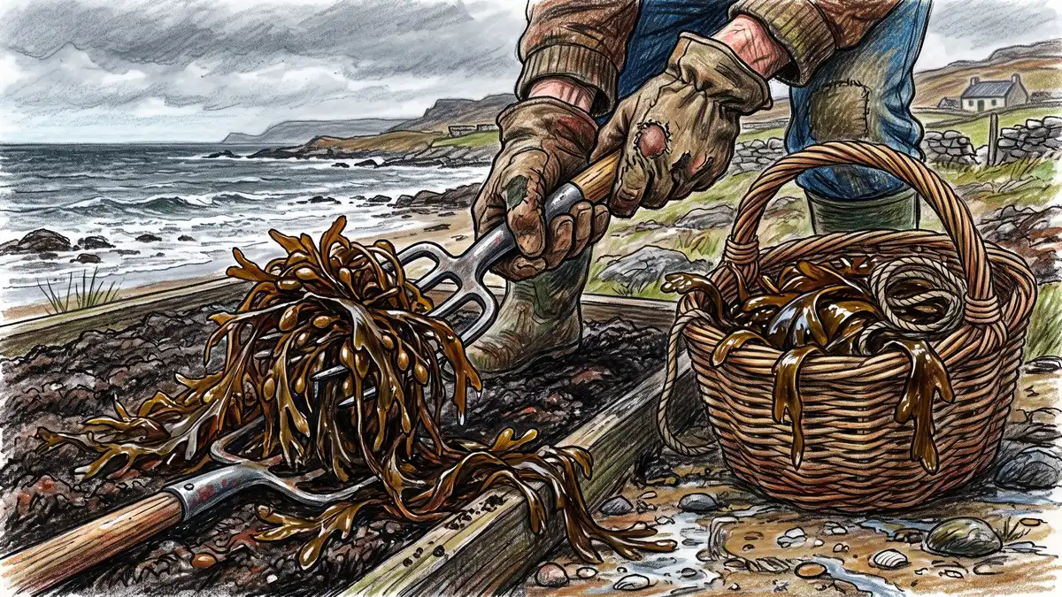 Illustration of gloved hands forking fresh brown seaweed onto a dark garden bed beside a wicker creel on a pebble shore