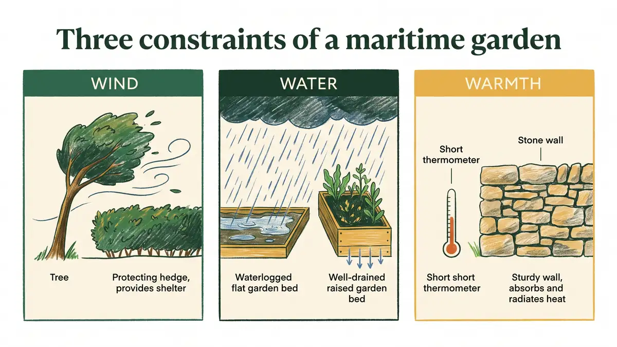 Illustrated infographic showing the three constraints of a northern maritime garden in Scotland: wind, water and warmth, with design responses