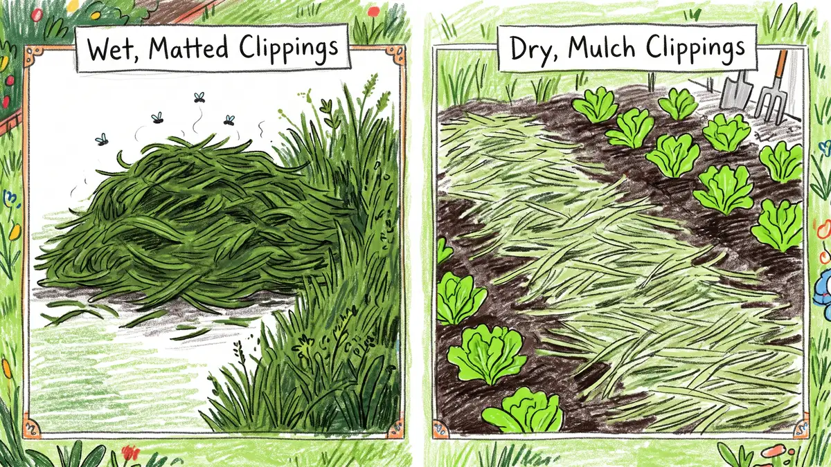 Comparison of a thick slumped mat of wet grass clippings beside the same clippings spread thin and dried between rows of lettuce