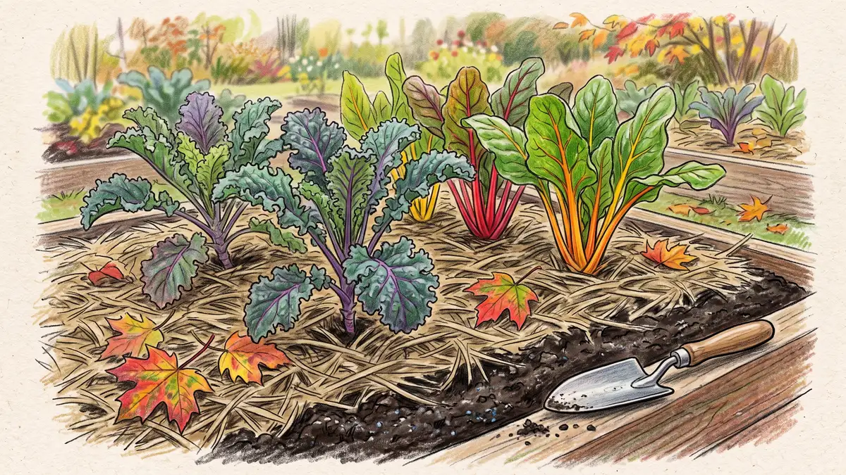 Autumn vegetable bed mulched with a thin even layer of dried grass clippings around kale and chard plants