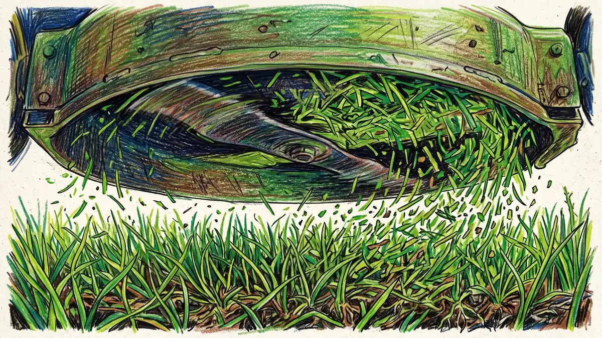 Close-up of a mulching mower deck returning finely chopped grass clippings back down into a healthy lawn sward