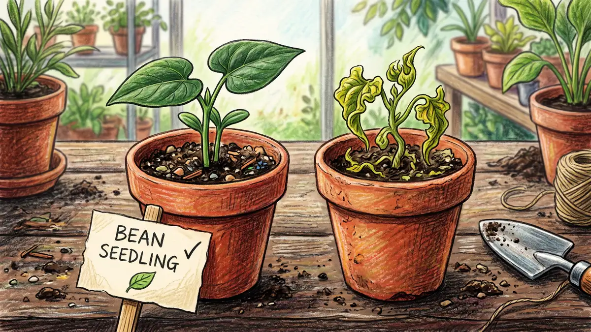 Two potted bean seedlings compared side by side, one healthy and one with twisted cupped leaves indicating herbicide residue
