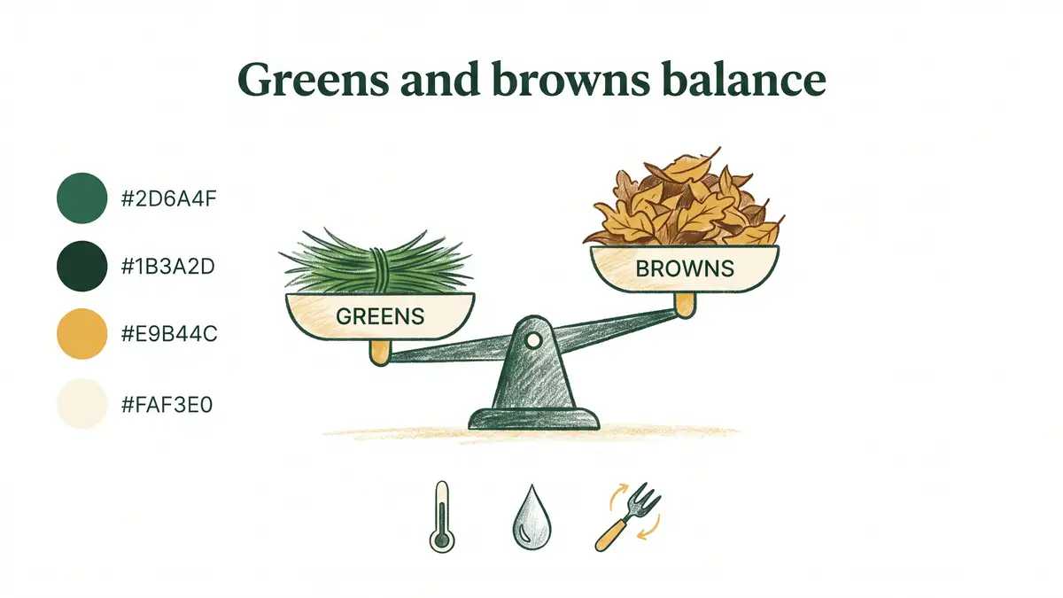 Hand-drawn infographic showing the greens and browns balance for grass clippings compost with thermometer, water and turning icons