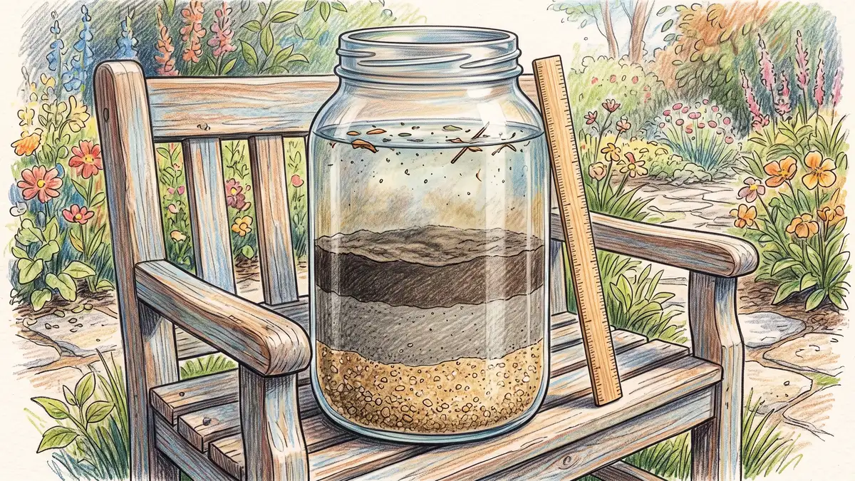 Glass jar sedimentation test showing separated bands of sand, silt and clay settled in water with a ruler alongside