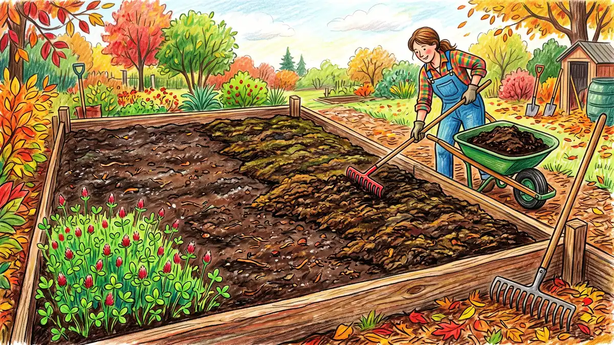 Autumn garden bed half covered with spread compost and a crimson clover cover crop germinating at the far end