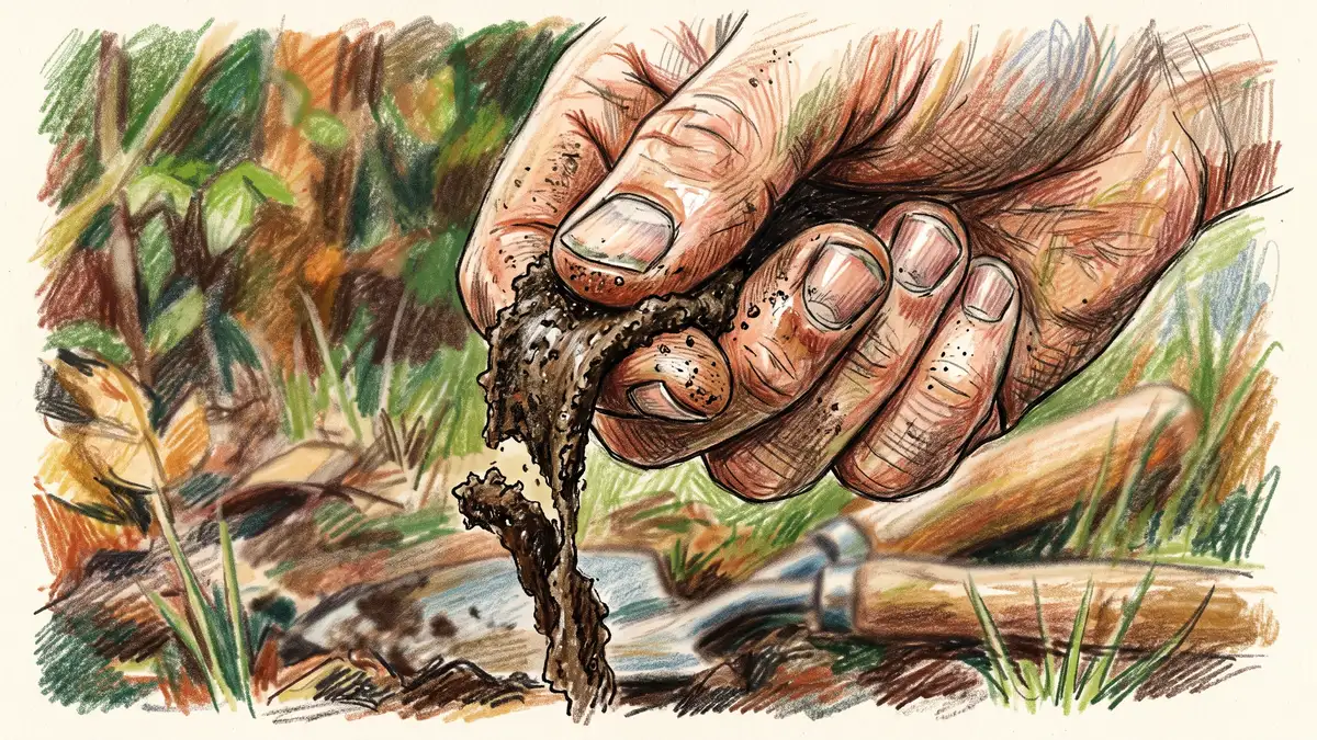 Close-up of a hand pressing moist soil between thumb and forefinger to form a ribbon for the soil texture feel test