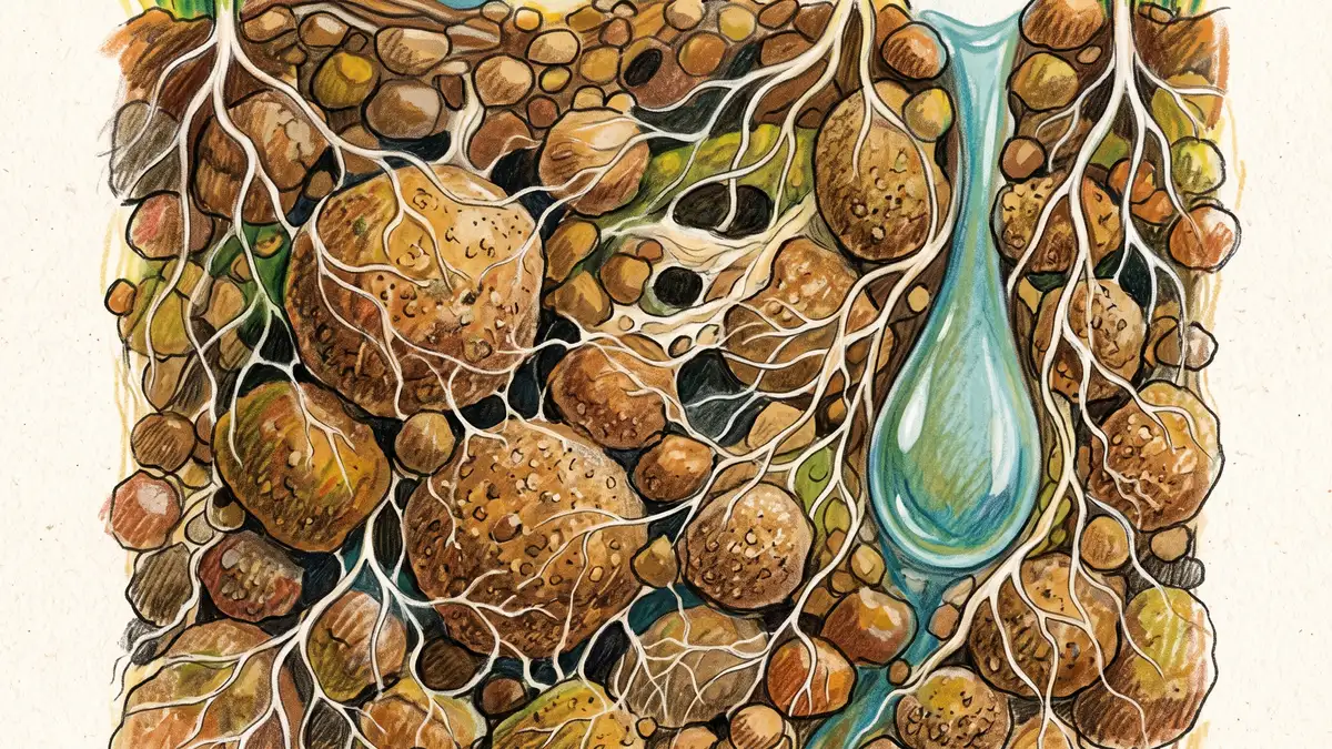 Cutaway view of soil crumb aggregates bound by fungal threads and fine roots with visible air pockets between them