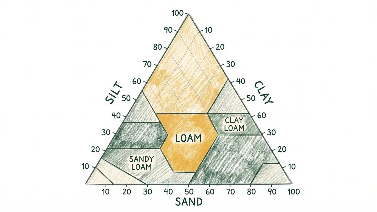 Hand-drawn USDA soil texture triangle infographic showing the loam region with neighbouring sandy loam and clay loam classes