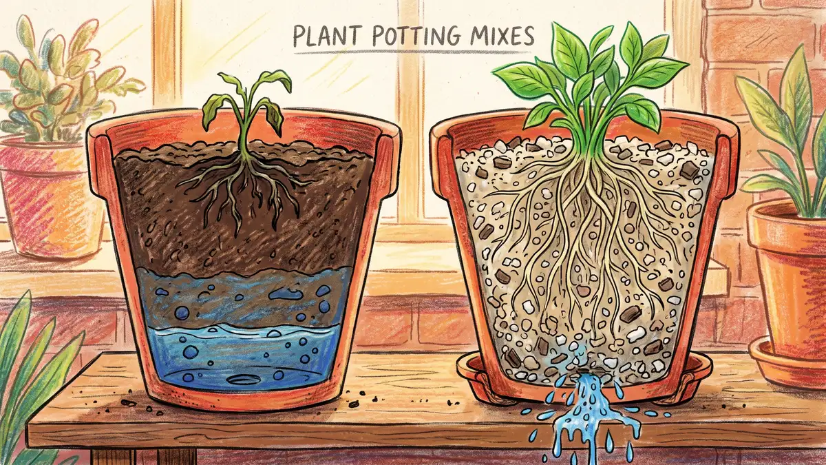 Cutaway comparison of two pots, one with dense garden soil and a saturated bottom layer, one with airy potting mix draining freely