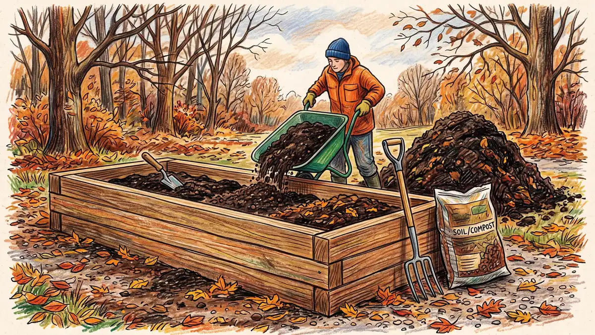 New wooden raised bed being filled in autumn with screened topsoil from a wheelbarrow beside a heap of finished compost