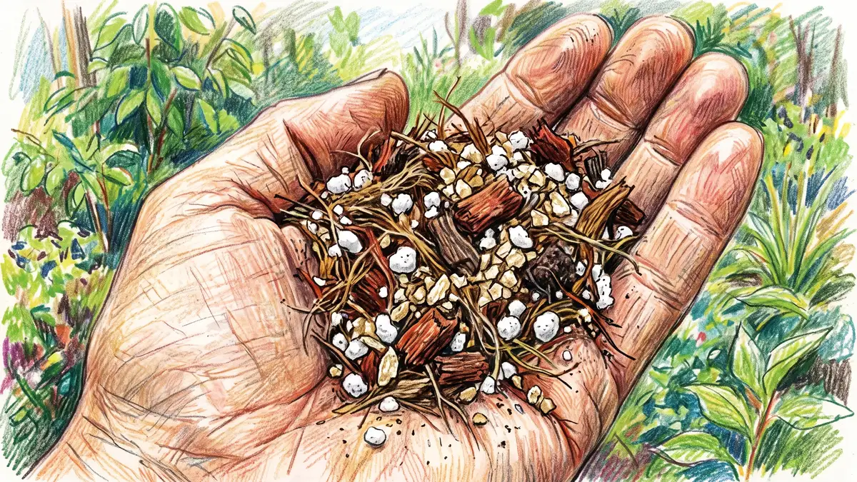 Close-up of a handful of soilless potting mix showing peat fibres, white perlite granules and pale vermiculite flakes