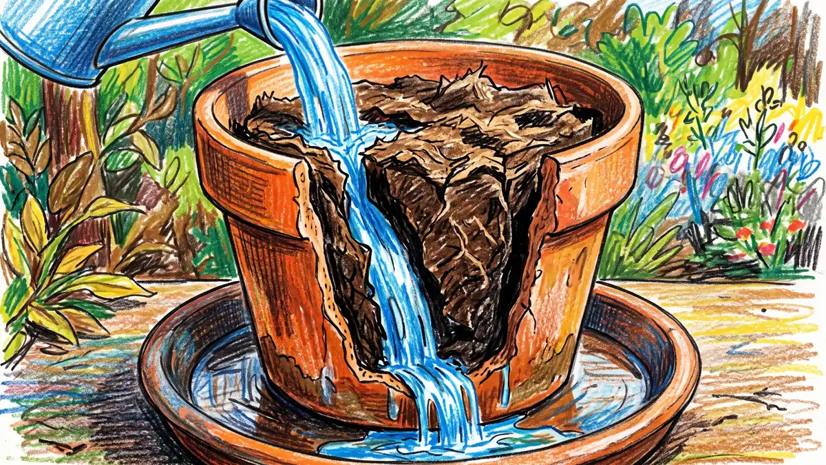 Dried peat-based potting mix shrunk away from the pot wall with water running down the gap instead of soaking in