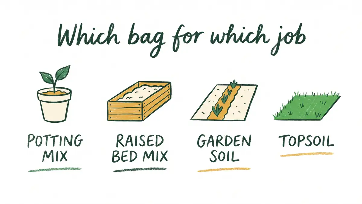 Hand-drawn infographic showing which bagged growing medium suits pots, raised beds, garden rows and lawn patching