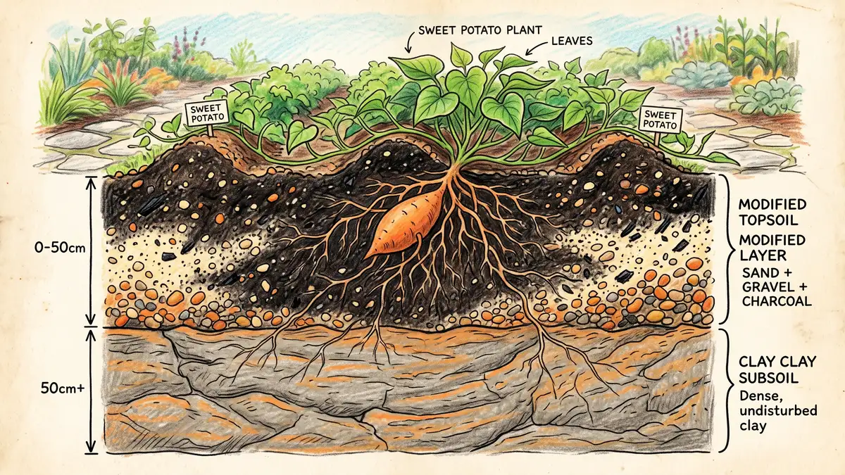 Cutaway of a modified Maori garden soil showing dark topsoil mixed with sand, gravel and charcoal above heavy clay subsoil