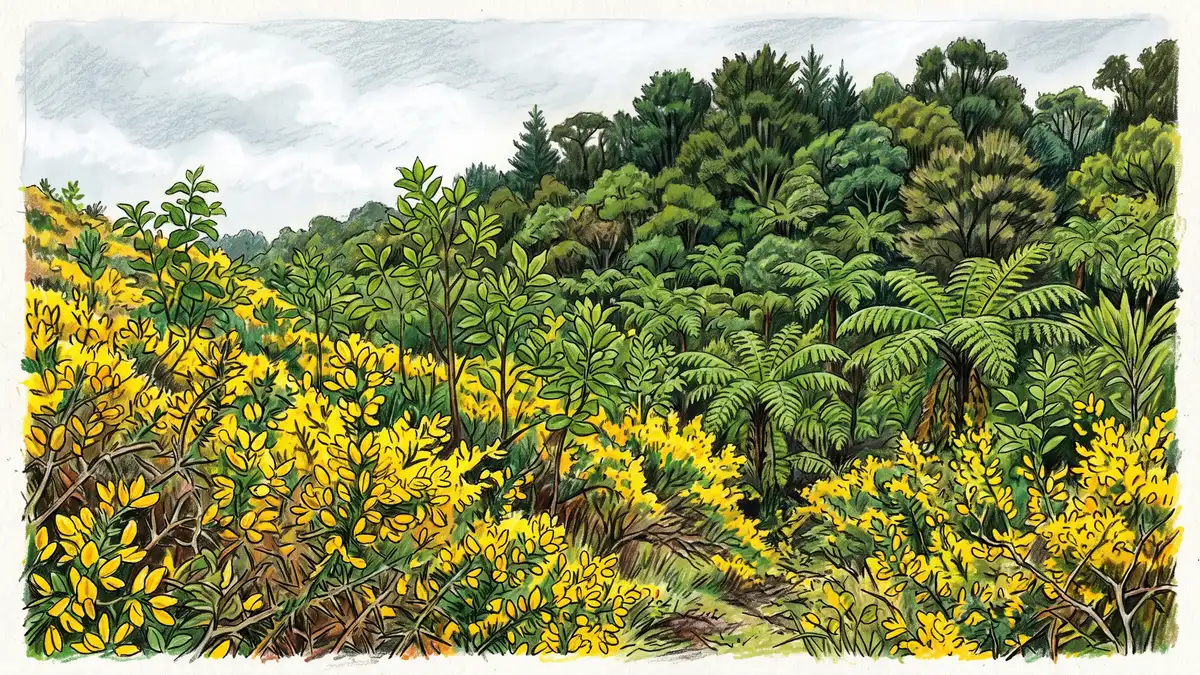 Hillside succession showing native saplings and tree ferns growing up through a thicket of yellow-flowered gorse
